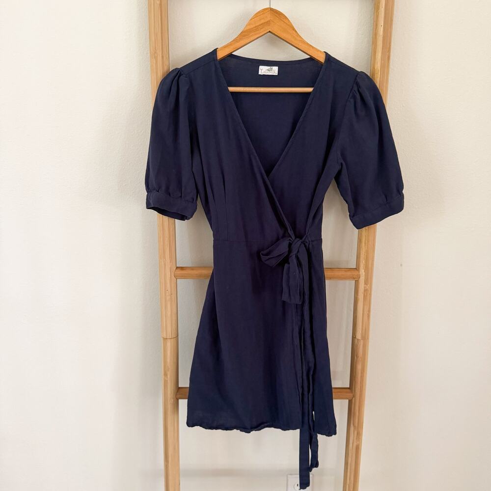 Lelasilk Navy Blue Wrap Mini Dress Puff Sleeve Tie Waist Organic Cotton Small
